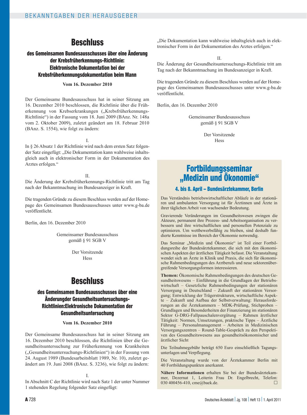 Vorschauseite 1: Fortbildungsseminar „Medizin und Ökonomie“ 4. bis 8. April – Bundesärztekammer, Berlin