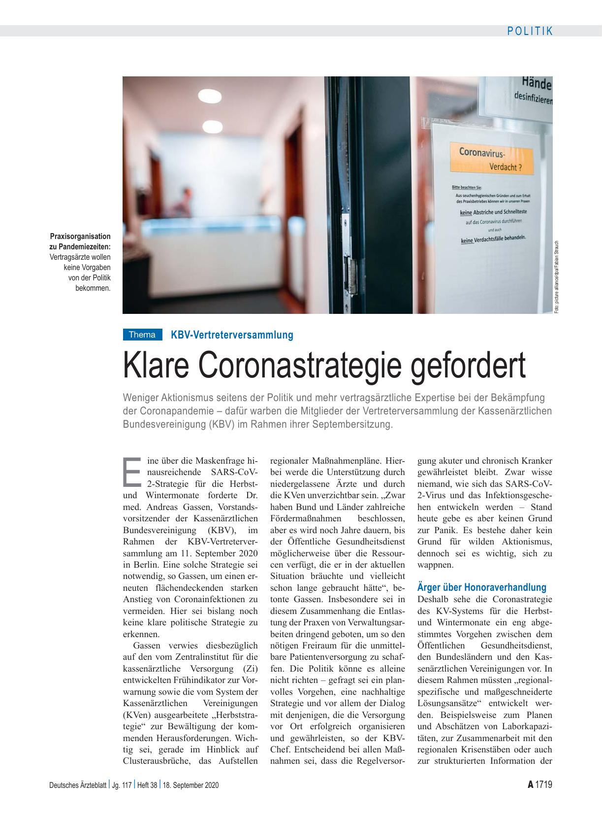 Vorschauseite 1: KBV-Vertreterversammlung: Klare Coronastrategie gefordert