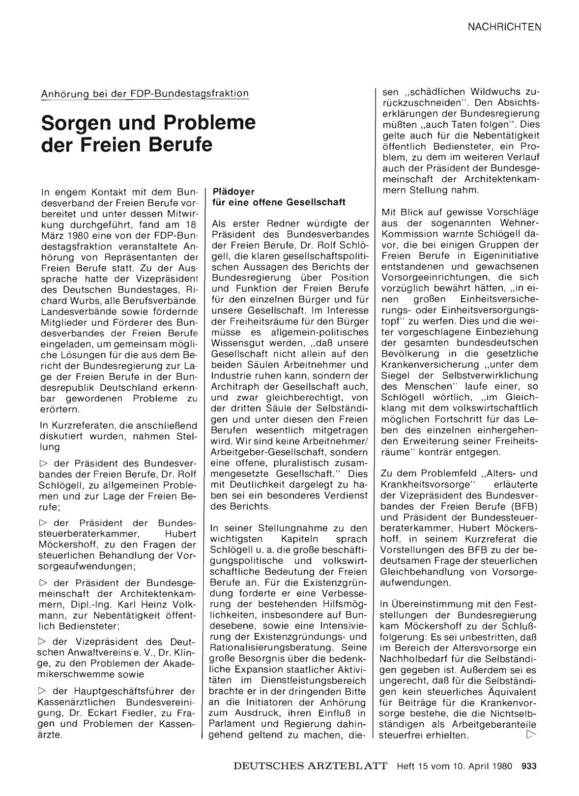 Vorschauseite 1: Anhörung bei der FDP-Bundestagsfraktion: Sorgen und Probleme der Freien Berufe