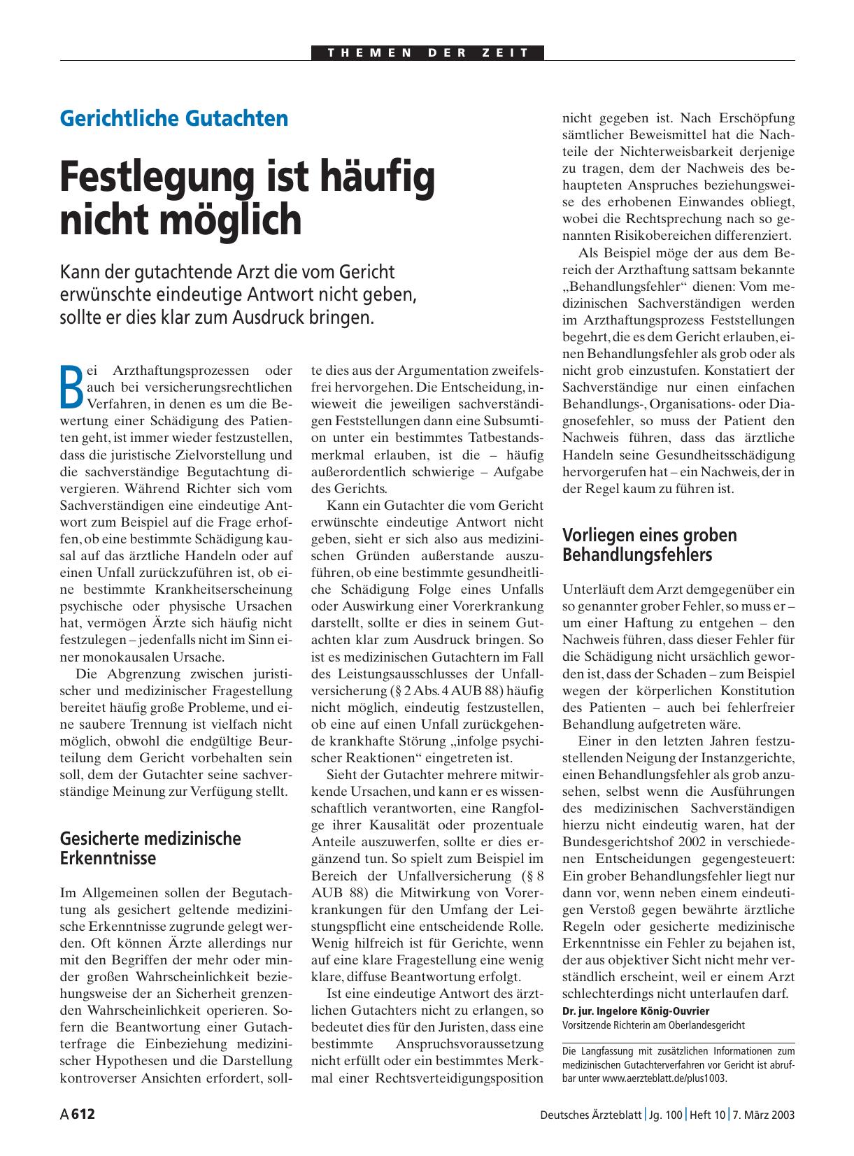 Vorschauseite 1: Gerichtliche Gutachten: Festlegung ist häufig nicht möglich