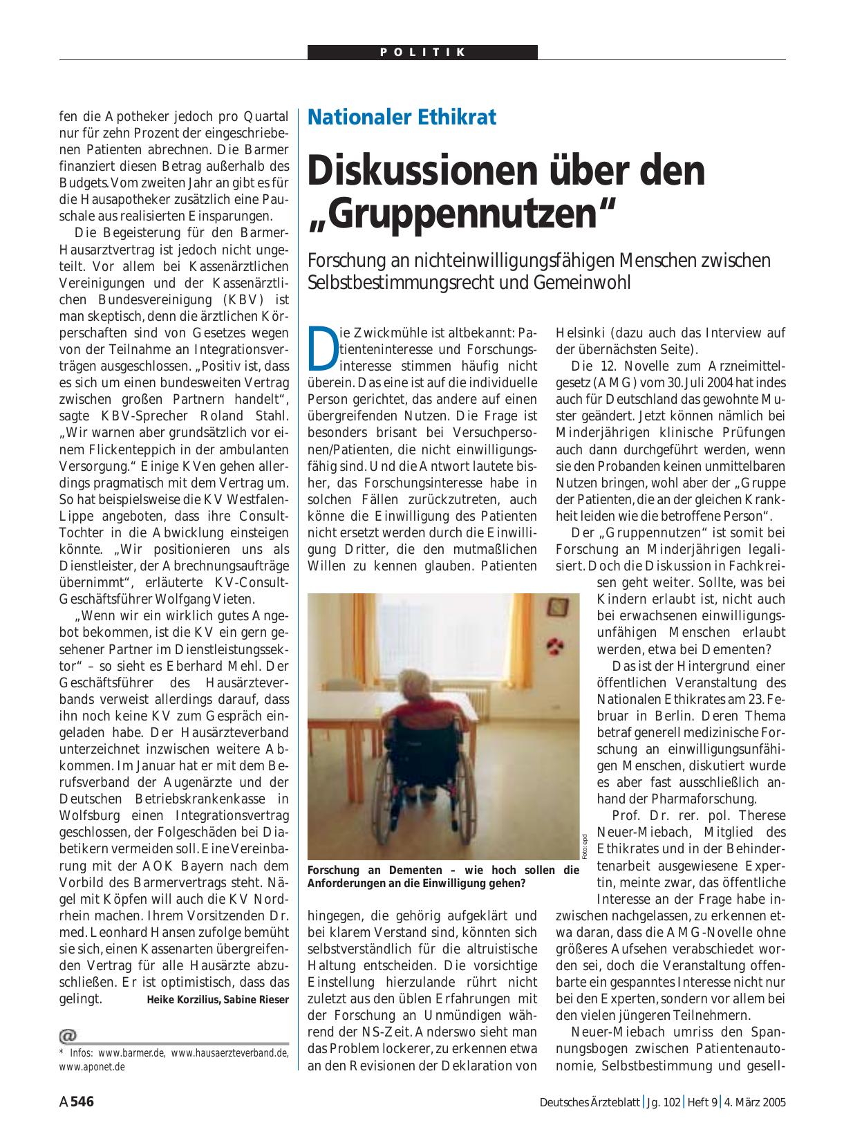 Vorschauseite 1: Nationaler Ethikrat: Diskussionen über den „Gruppennutzen“