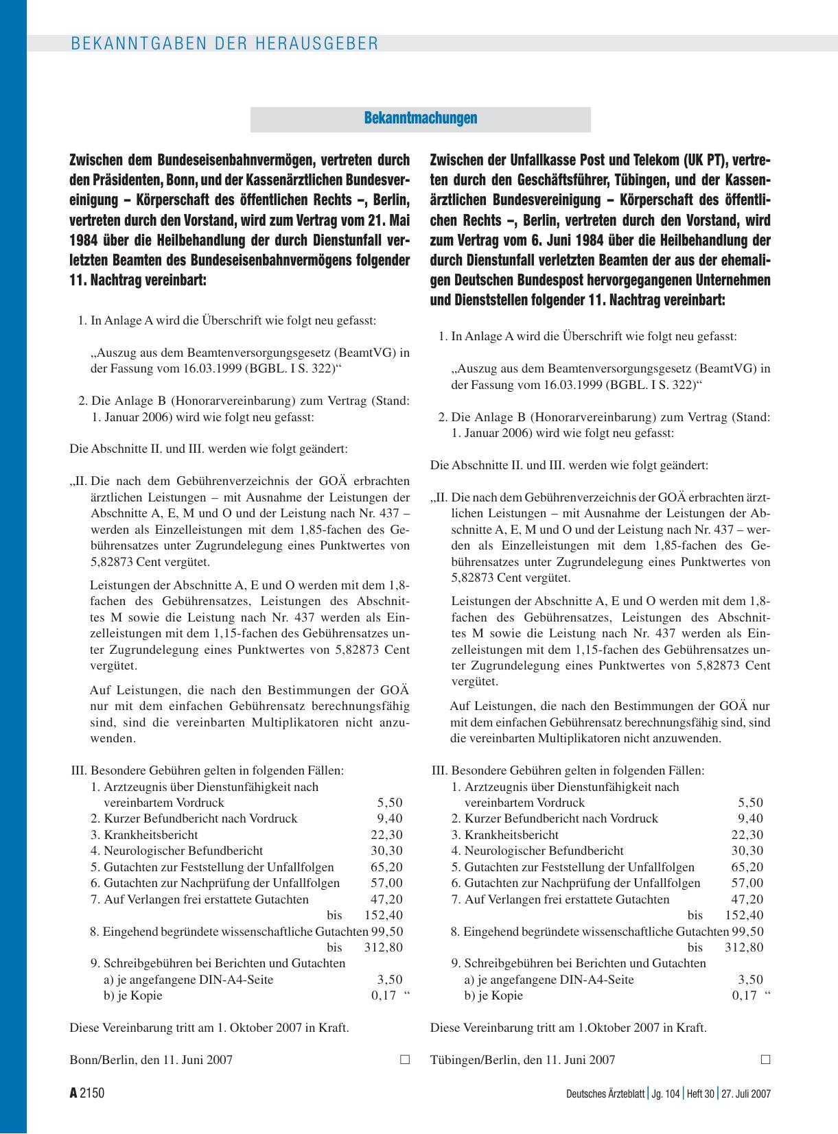 Vorschauseite 1: Bekanntmachungen: 11. Nachtrag zum Vertrag vom 21. Mai 1984 über die Heilbehandlung der durch Dienstunfall verletzten Beamten des Bundeseisenbahnvermögens