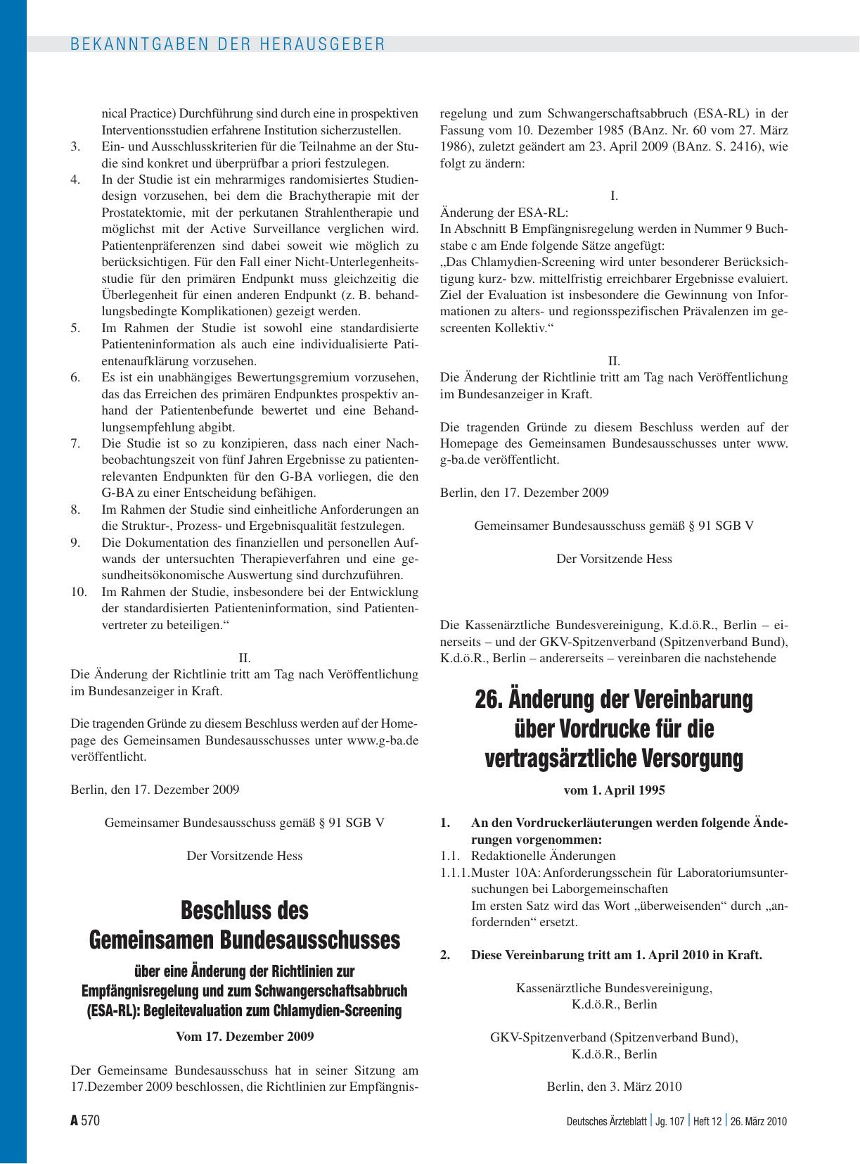 Vorschauseite 1: Beschluss des Gemeinsamen Bundesausschusses über eine Änderung der Richtlinien zur Empfängnisregelung und zum Schwangerschaftsabbruch (ESA-RL): Begleitevaluation zum Chlamydien-Sc…