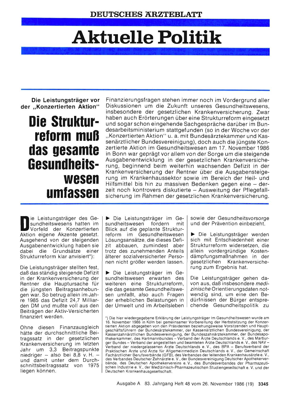 Vorschauseite 1: Die Leistungsträger vor der „Konzertierten Aktion“: Die Strukturreform muß das gesamte Gesundheitswesen umfassen