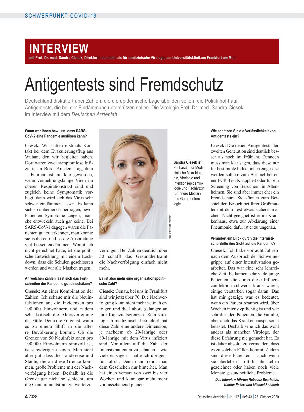 Vorschauseite 1: Interview mit Prof. Dr. med. Sandra Ciesek, Direktorin des Instituts für medizinische Virologie am Universitätsklinikum Frankfurt am Main: Antigentests sind Fremdschutz