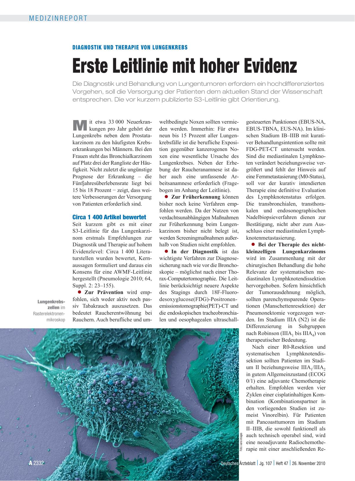 Vorschauseite 1: Diagnostik und Therapie von Lungenkrebs: Erste Leitlinie mit hoher Evidenz