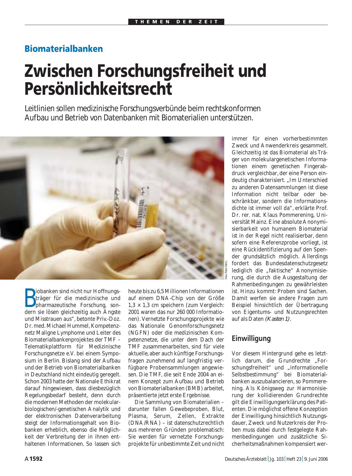 Vorschauseite 1: Biomaterialbanken: Zwischen Forschungsfreiheit und Persönlichkeitsrecht