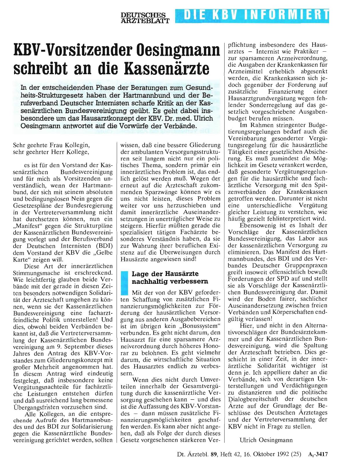 Vorschauseite 1: KBV-Vorsitzender Oesingmann schreibt an die Kassenärzte