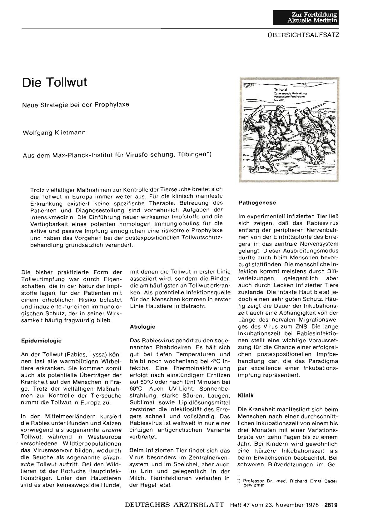 Vorschauseite 1: Die Tollwut Tollwut: Neue Strategie bei der Prophylaxe