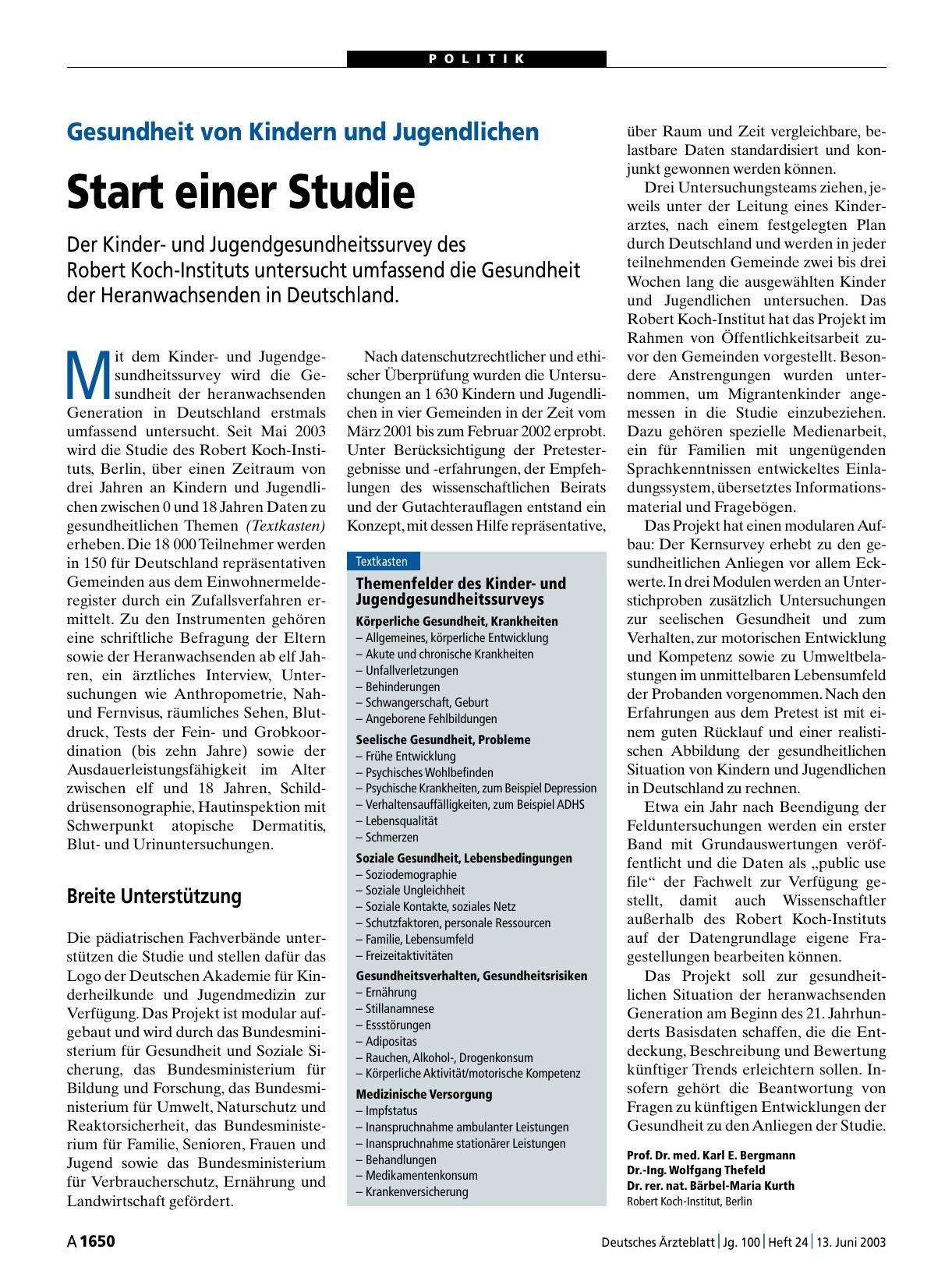 Vorschauseite 1: Gesundheit von Kindern und Jugendlichen: Start einer Studie