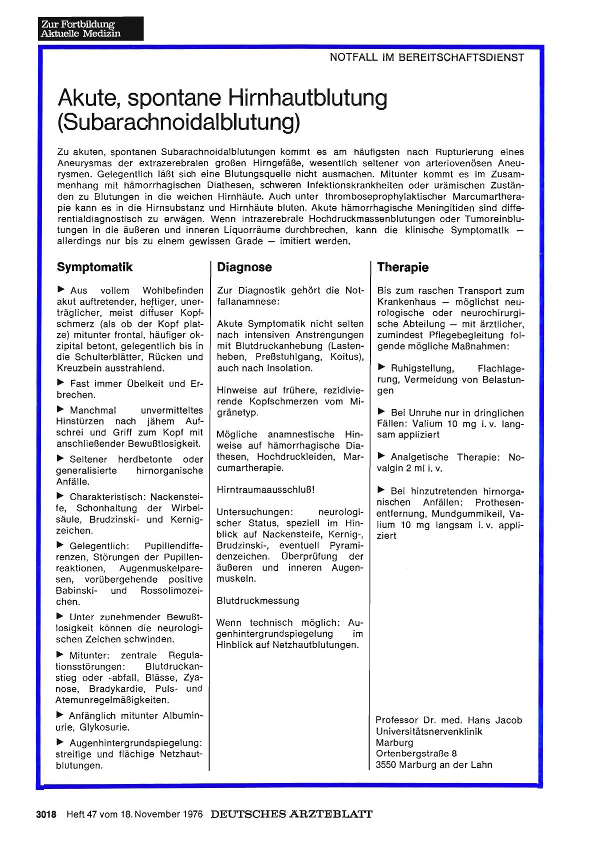 Vorschauseite 1: Akute, spontane Hirnhautblutung (Subarachnoidalblutung)