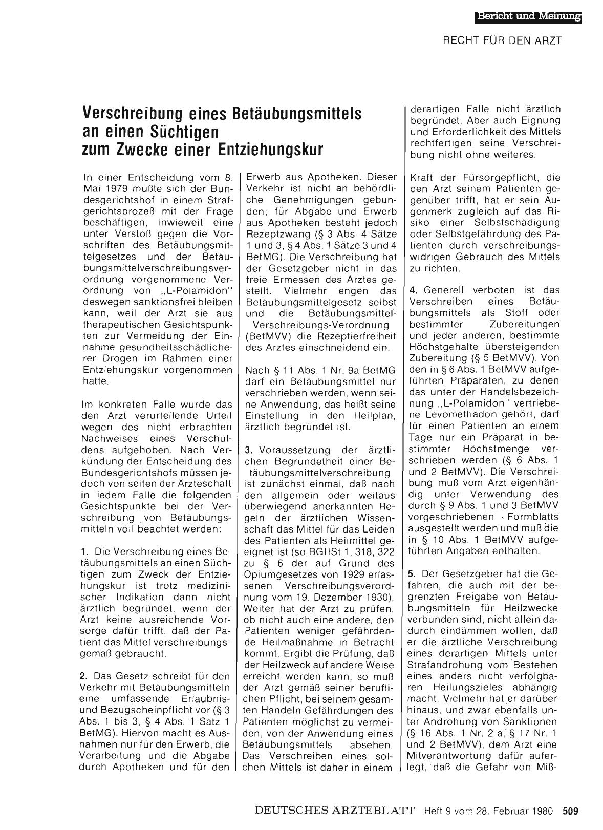 Vorschauseite 1: Verschreibung eines Betäubungsmittels an einen Süchtigen zum Zwecke einer Entziehungskur