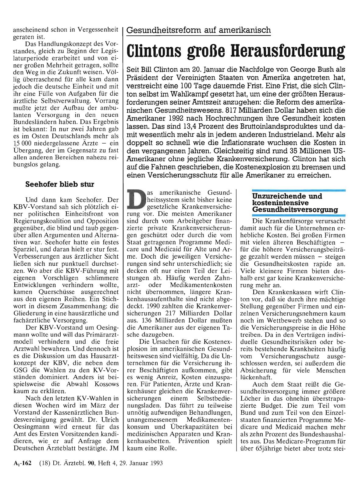 Vorschauseite 1: Gesundheitsreform auf amerikanisch Clintons große Herausforderung