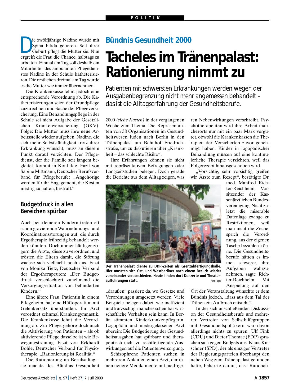 Vorschauseite 1: Bündnis Gesundheit 2000 – Tacheles im Tränenpalast: Rationierung nimmt zu