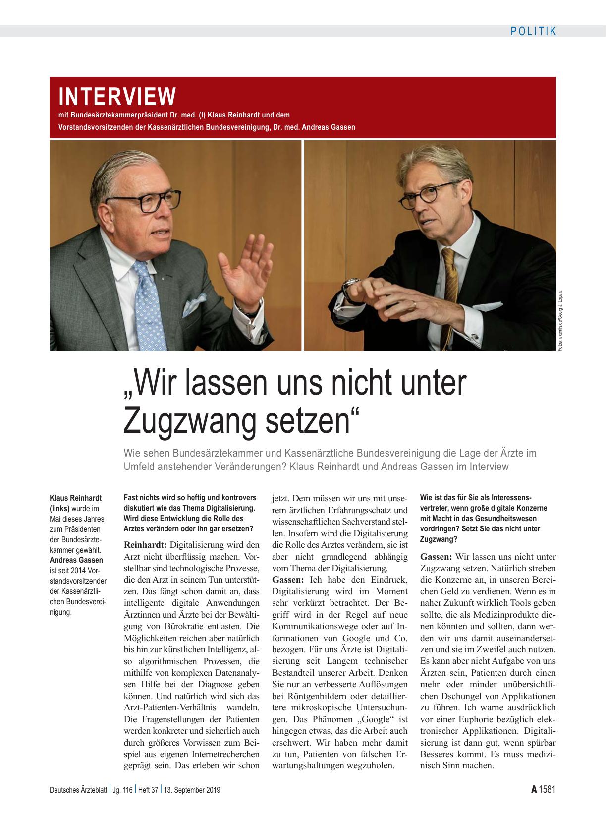 Vorschauseite 1: Interview mit Bundesärztekammerpräsident Dr. med. (I) Klaus Reinhardt und dem Vorstandsvorsitzenden der Kassenärztlichen Bundesvereinigung, Dr. med. Andreas Gassen: „Wir lassen un…
