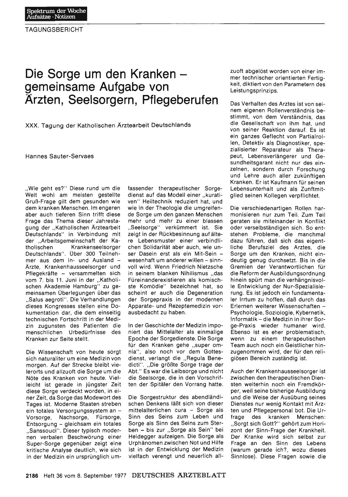 Vorschauseite 1: Die Sorge um den Kranken — gemeinsame Aufgabe von Ärzten, Seelsorgern, Pflegeberufen: XXX. Tagung der Katholischen Ärztearbeit Deutschlands