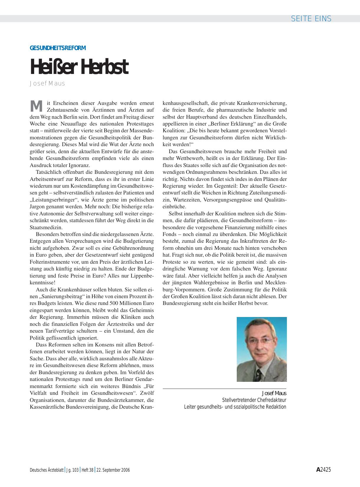 Vorschauseite 1: Gesundheitsreform: Heißer Herbst