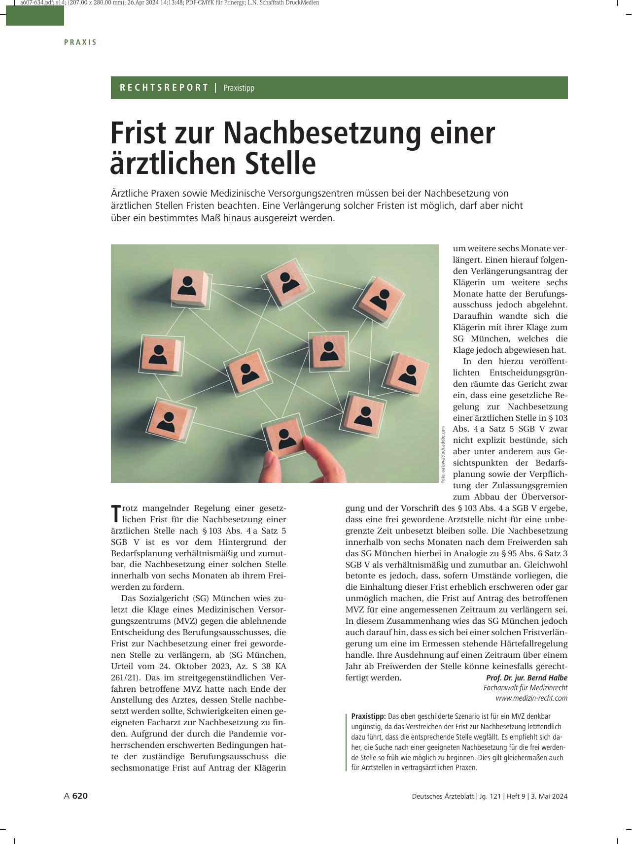 Vorschauseite 1: Praxistipp: Frist zur Nachbesetzung einer ärztlichen Stelle