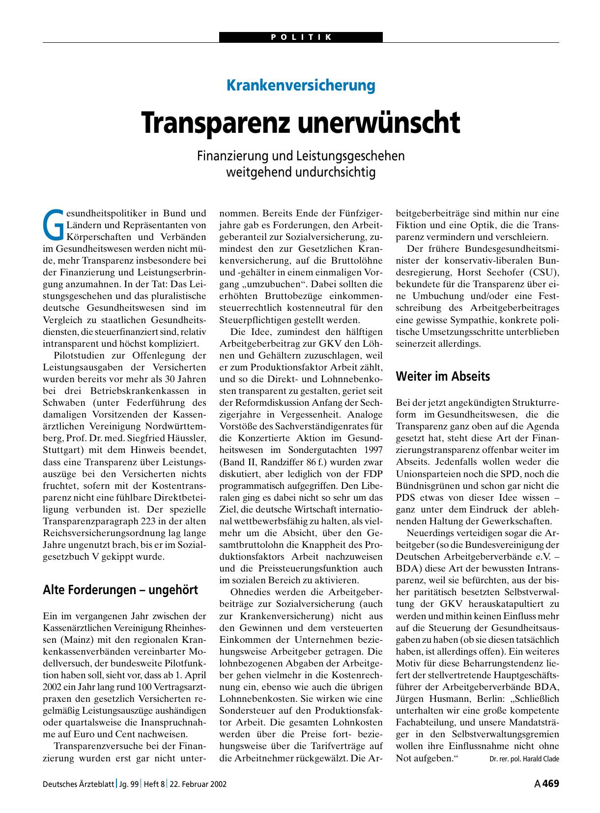 Vorschauseite 1: Krankenversicherung: Transparenz unerwünscht