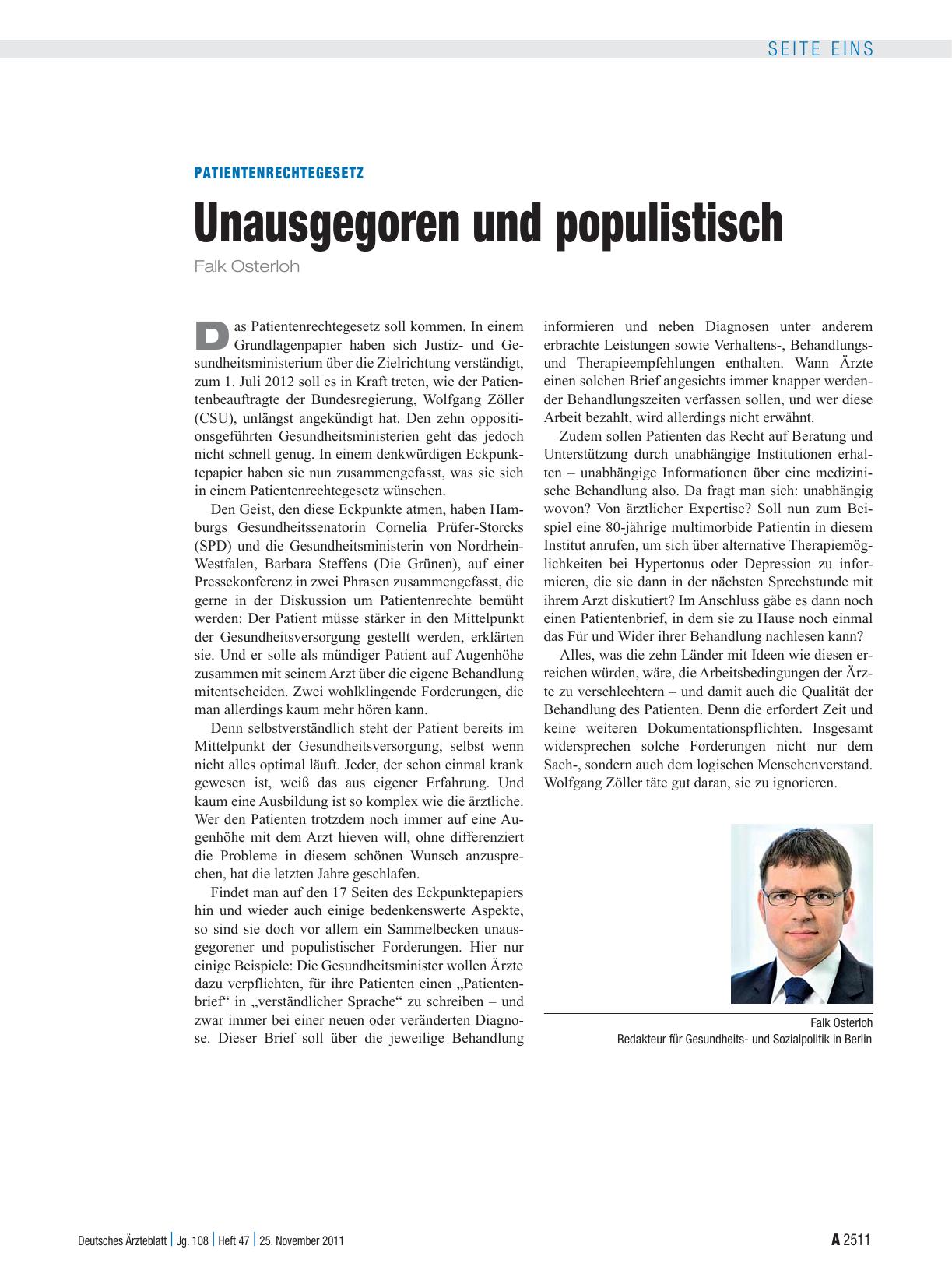 Vorschauseite 1: Patientenrechtegesetz: Unausgegoren und populistisch