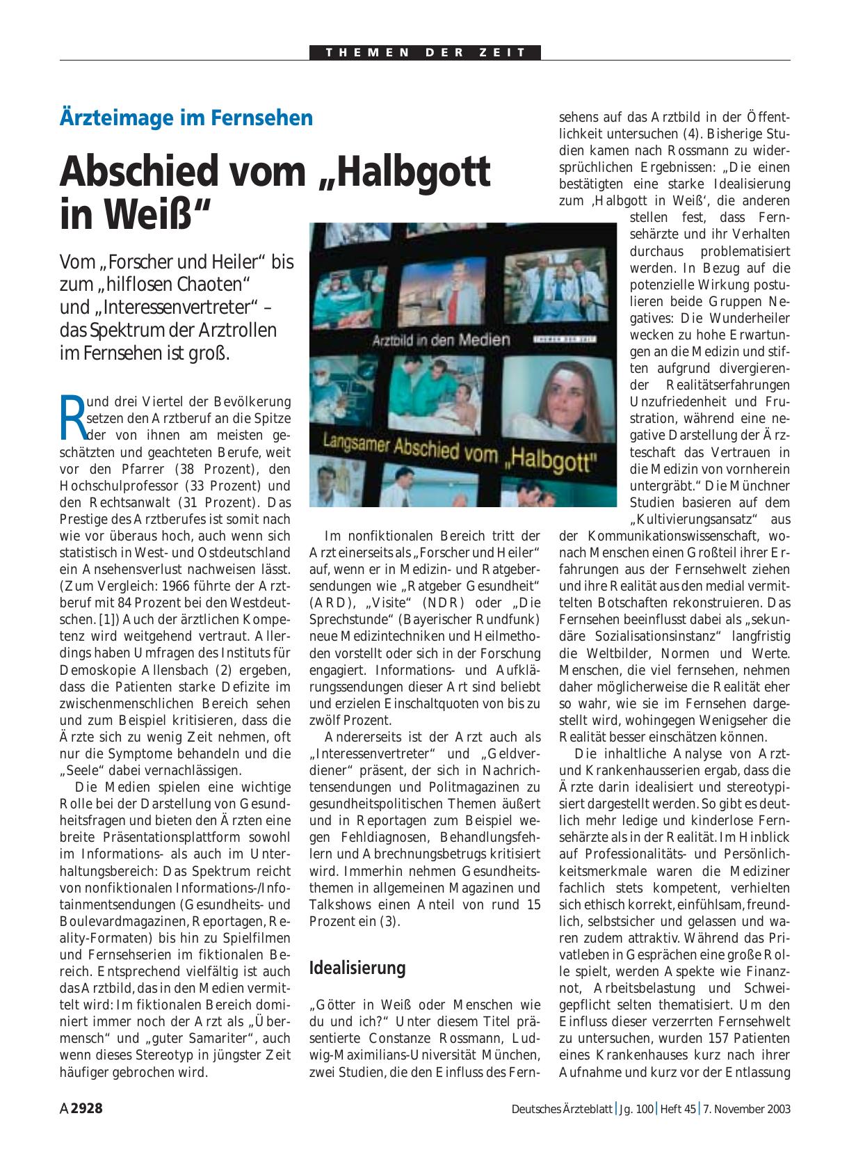 Vorschauseite 1: Ärzteimage im Fernsehen: Abschied vom „Halbgott in Weiß“