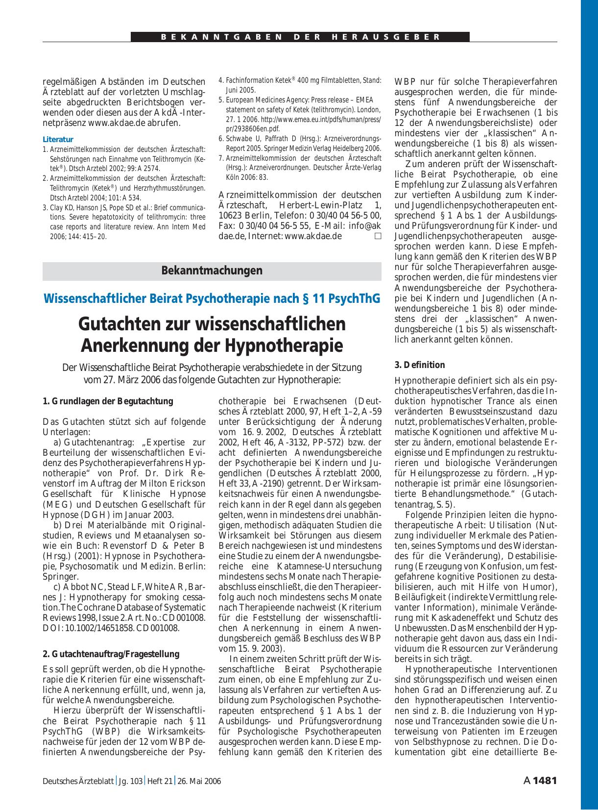 Vorschauseite 1: Bekanntmachungen: Wissenschaftlicher Beirat Psychotherapie nach § 11 PsychThG – Gutachten zur wissenschaftlichen Anerkennung der Hypnotherapie