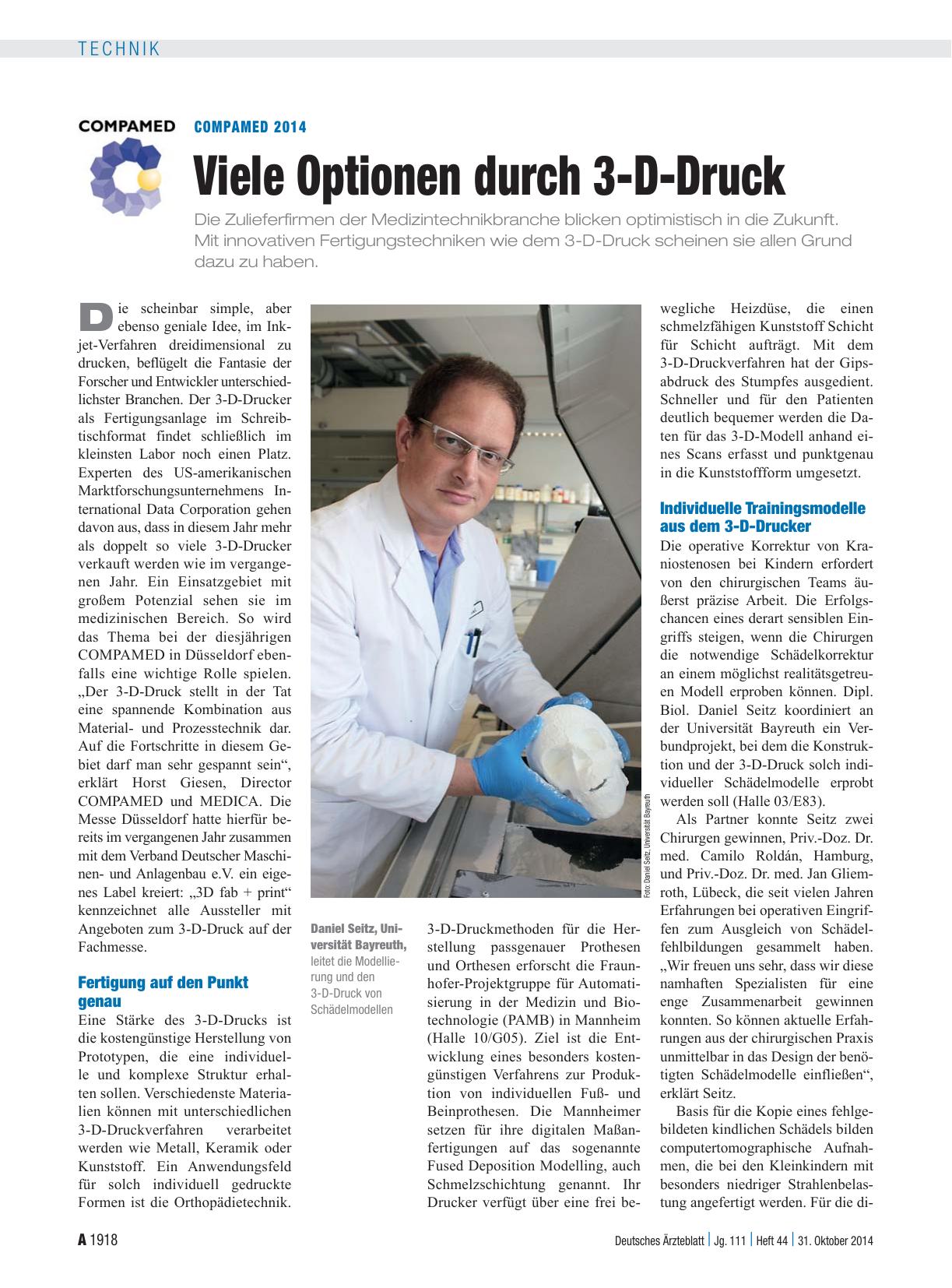 Vorschauseite 1: Compamed 2014: Viele Optionen durch 3-D-Druck