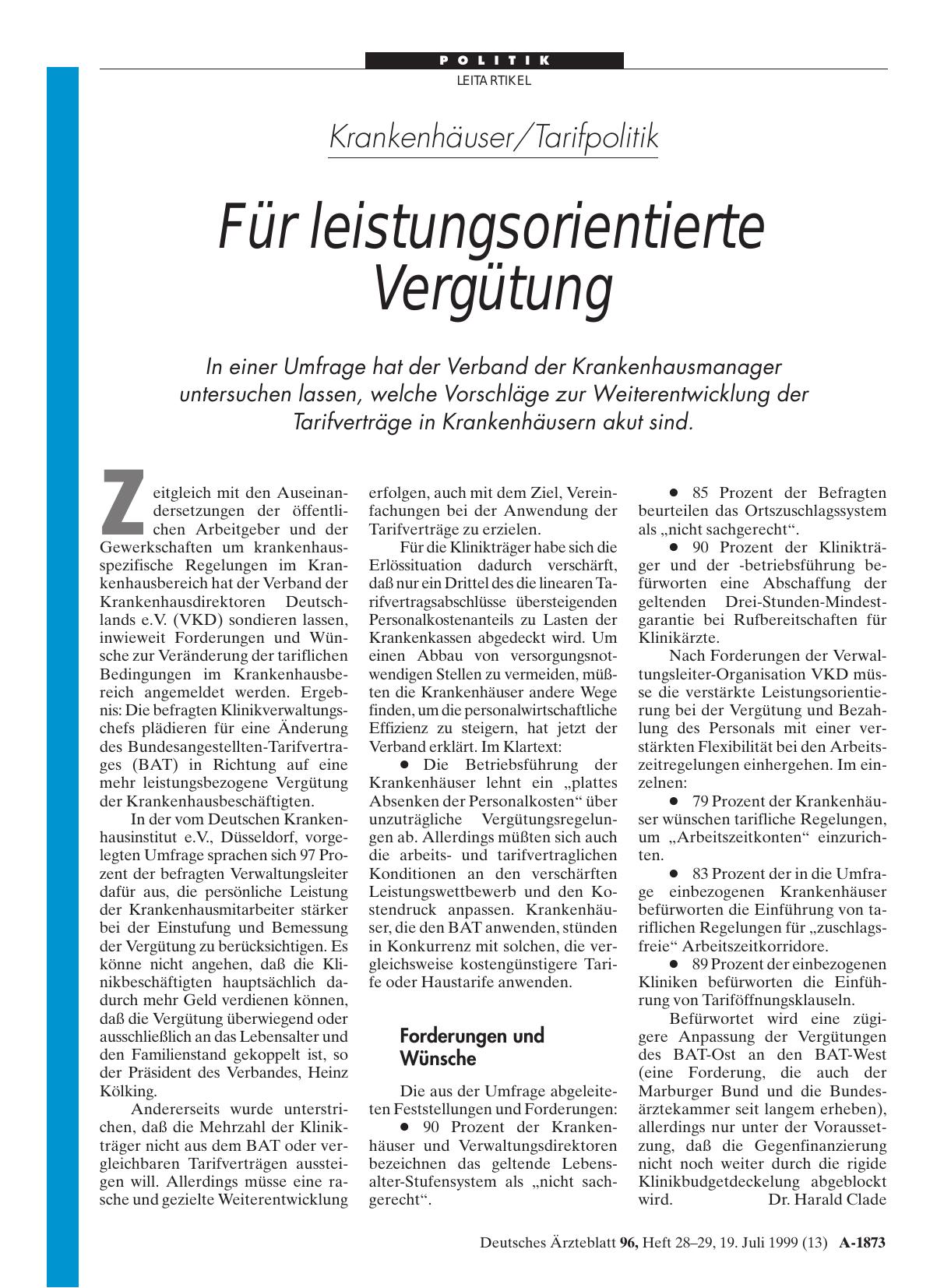 Vorschauseite 1: Krankenhäuser/Tarifpolitik: Für leistungsorientierte Vergütung