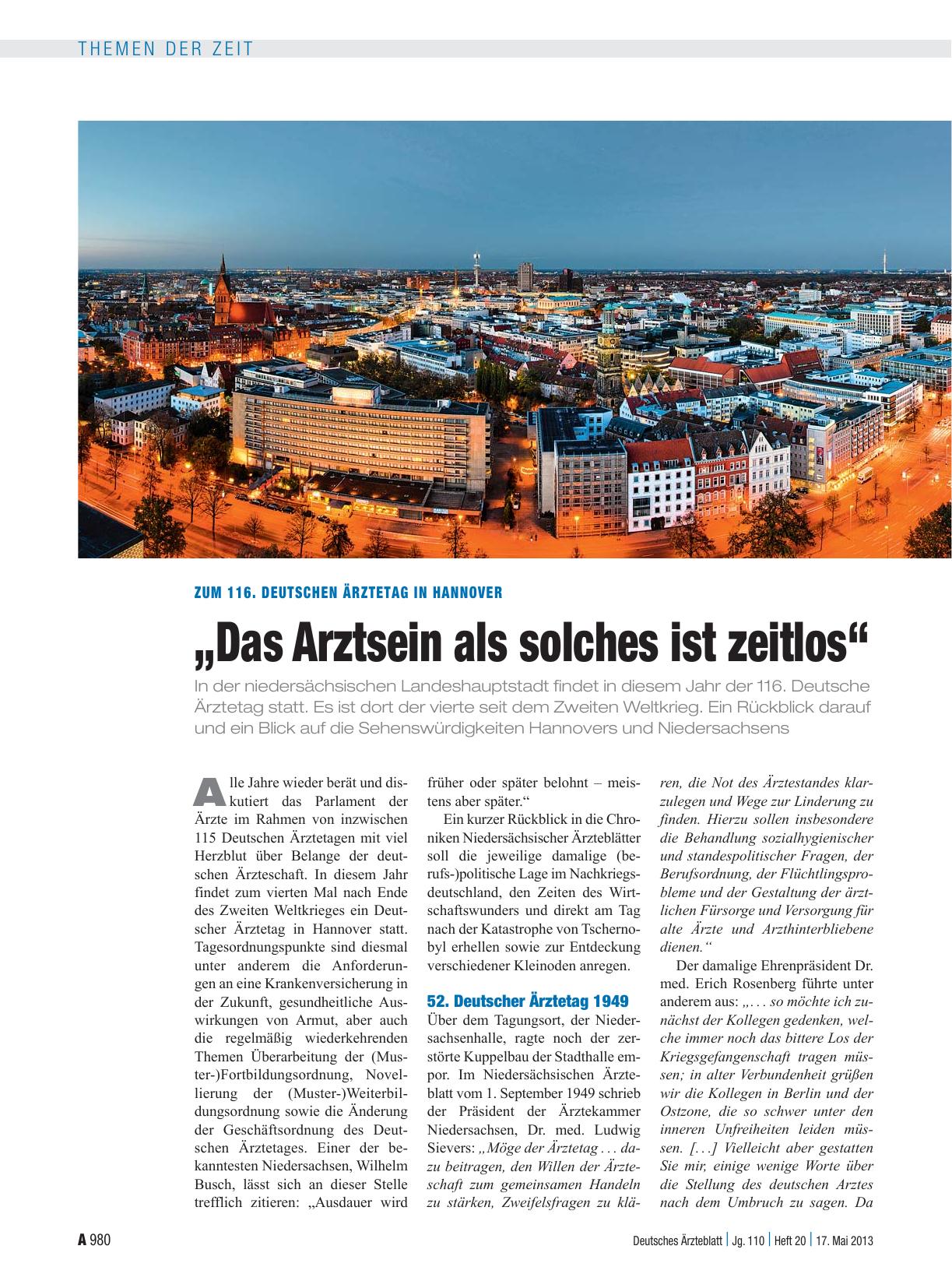 Vorschauseite 1: Zum 116. Deutschen Ärztetag in Hannover: „Das Arztsein als solches ist zeitlos“