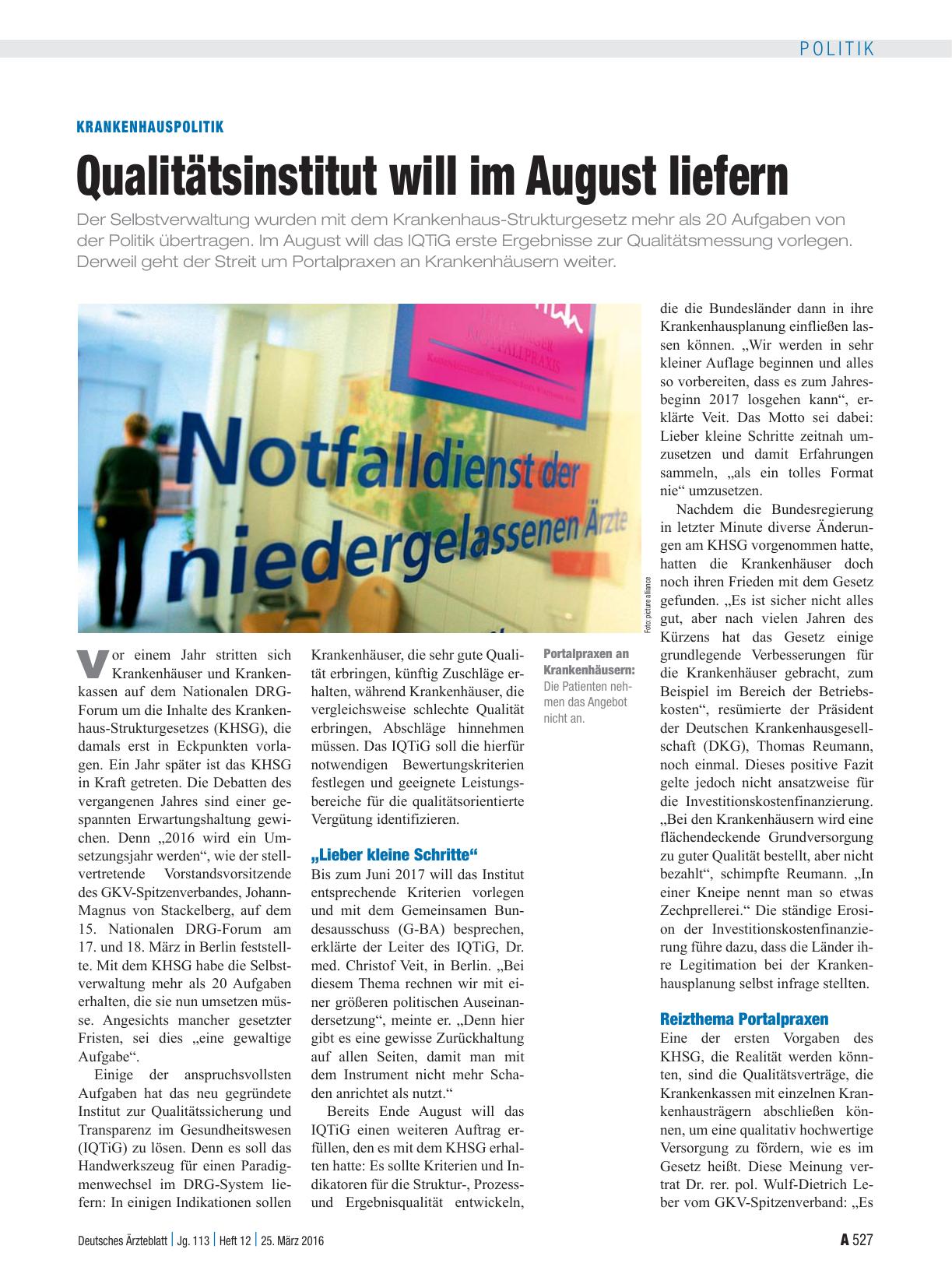 Vorschauseite 1: Krankenhauspolitik: Qualitätsinstitut will im August liefern