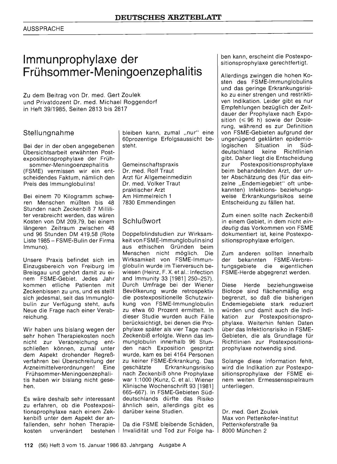 Vorschauseite 1: Immunprophylaxe der Frühsommer-Meningoenzephalitis: Schlußwort