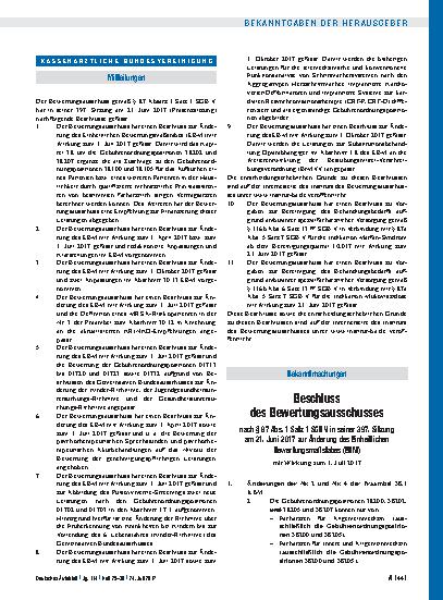 Vorschauseite 1: Beschluss des Bewertungsausschusses nach § 87 Abs. 1 Satz 1 SGB V in seiner 397. Sitzung am 21. Juni 2017 zur Änderung des Einheitlichen Bewertungsmaßstabes (EBM)