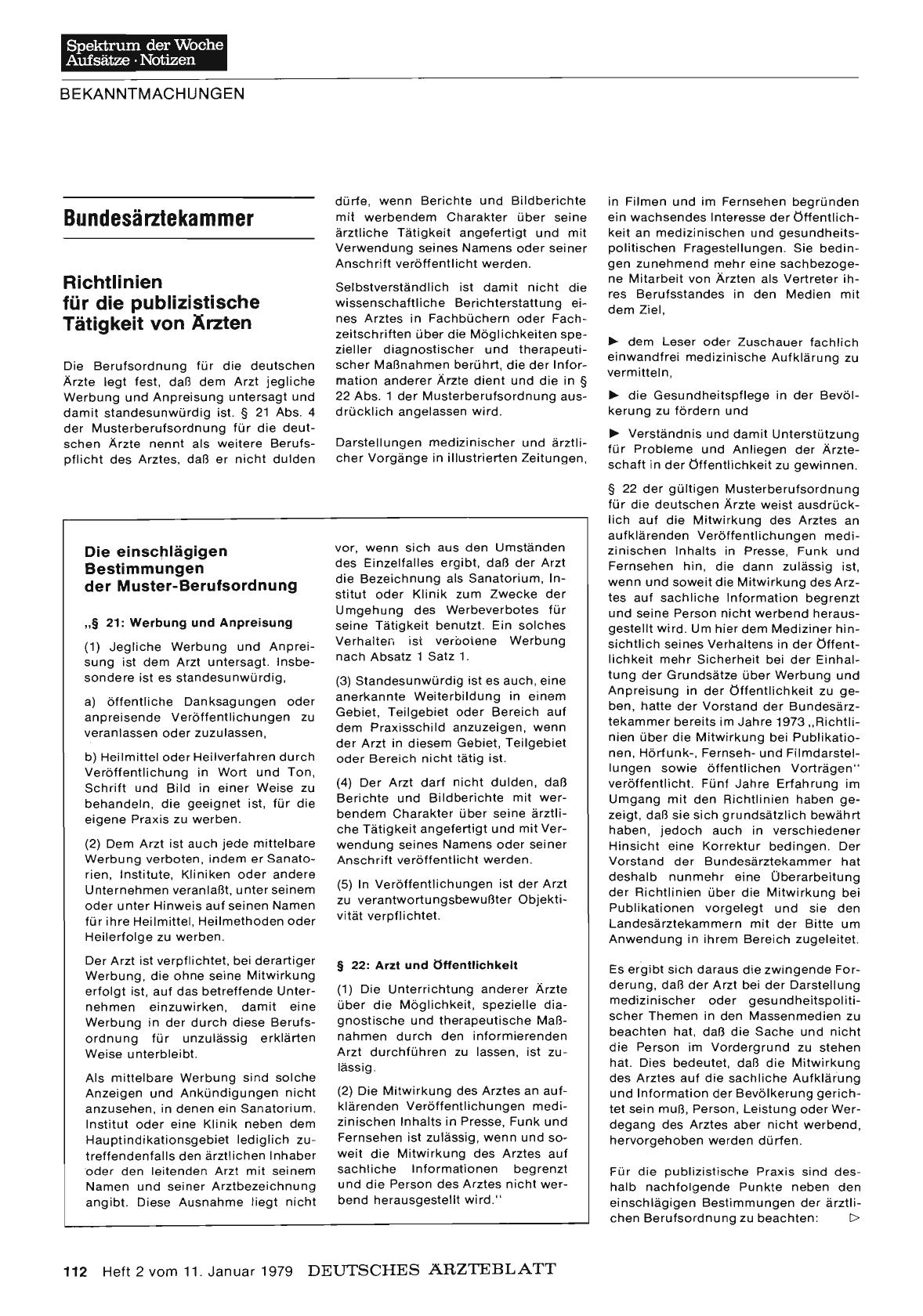 Vorschauseite 1: Bundesärztekammer: Richtlinien für die publizistische Tätigkeit von Ärzten