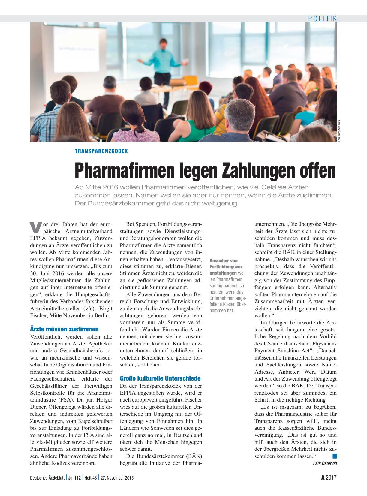 Vorschauseite 1: Transparenzkodex: Pharmafirmen legen Zahlungen offen