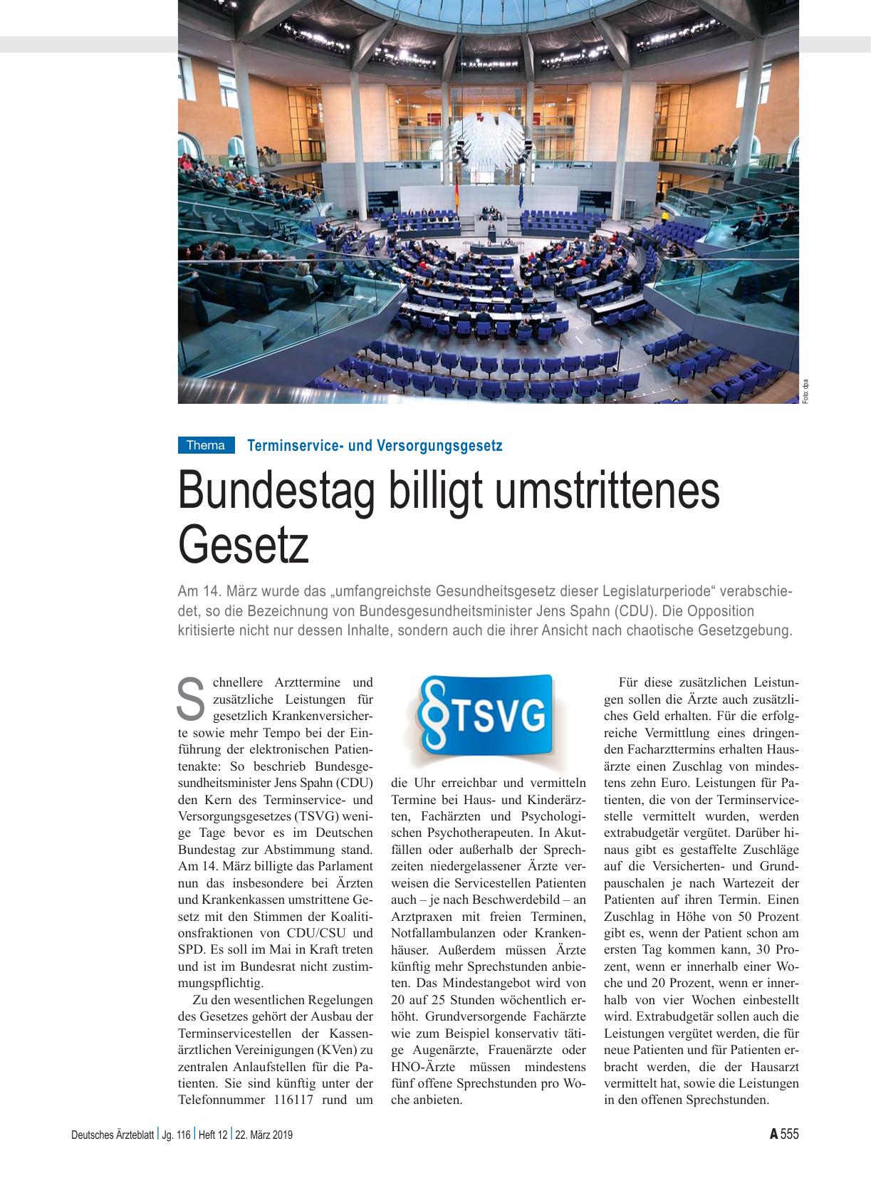 Vorschauseite 1: Terminserviceund Versorgungsgesetz: Bundestag billigt umstrittenes Gesetz