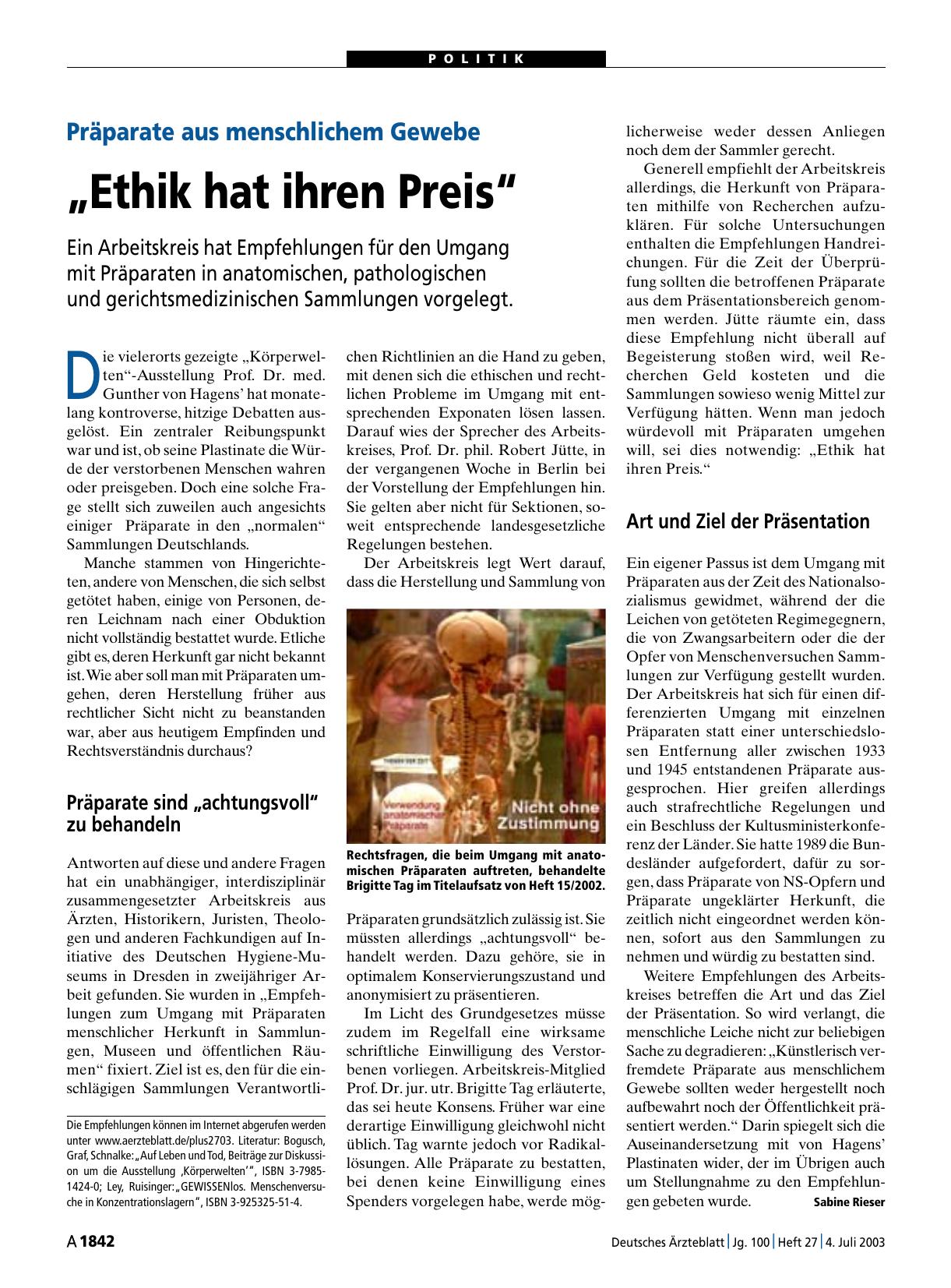 Vorschauseite 1: Präparate aus menschlichem Gewebe: „Ethik hat ihren Preis“