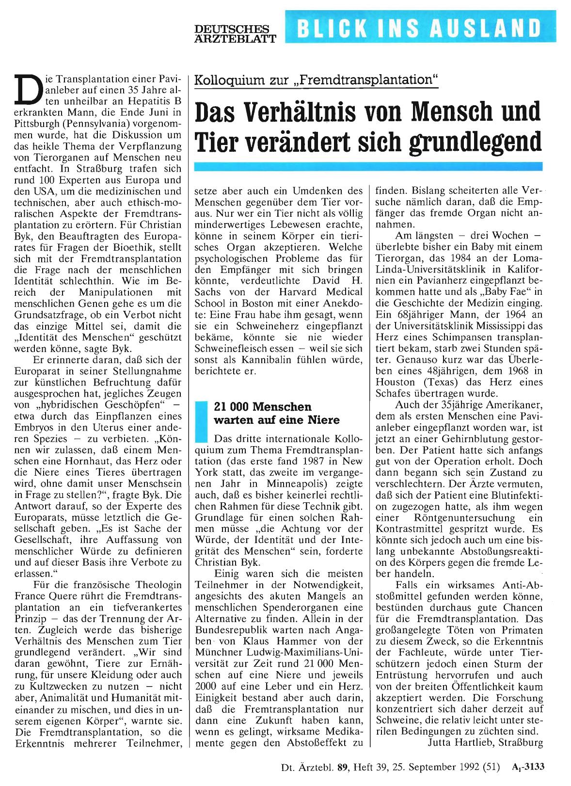 Vorschauseite 1: Kolloquium zur „Fremdtransplantation“: Das Verhältnis von Mensch und Tier verändert sich grundlegend