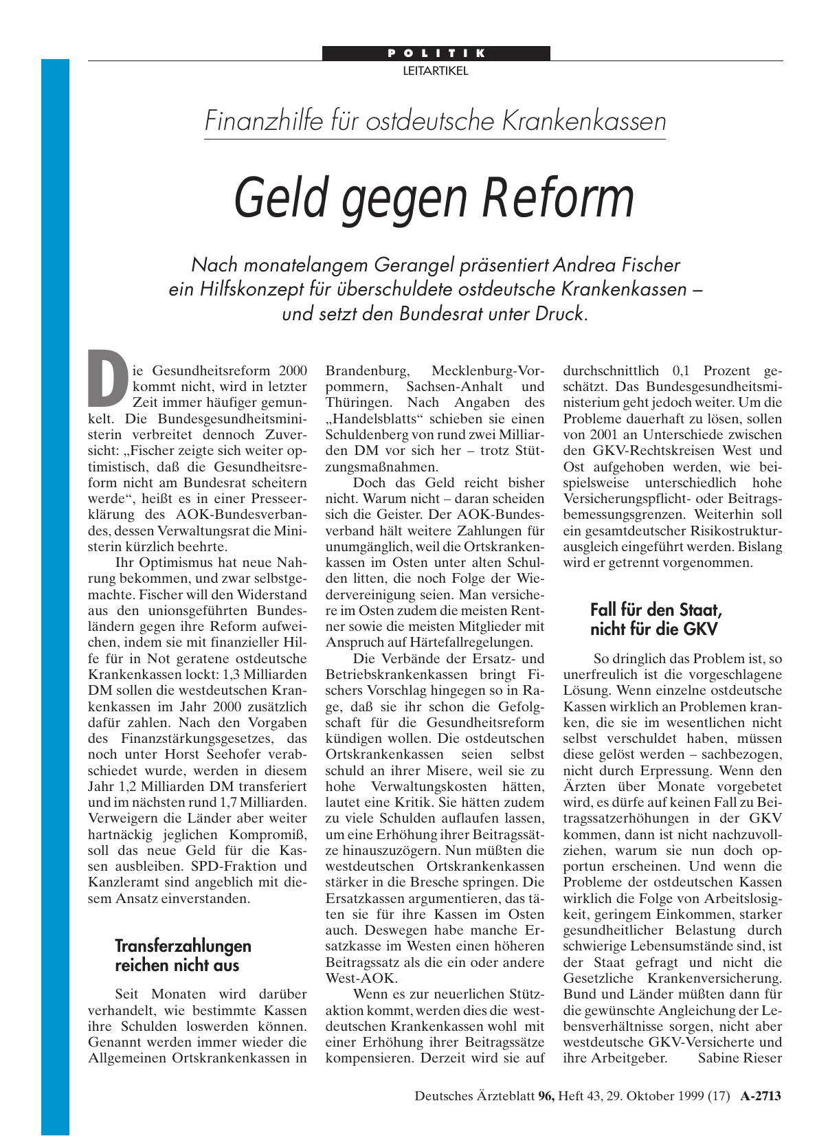 Vorschauseite 1: Finanzhilfe für ostdeutsche Krankenkassen: Geld gegen Reform