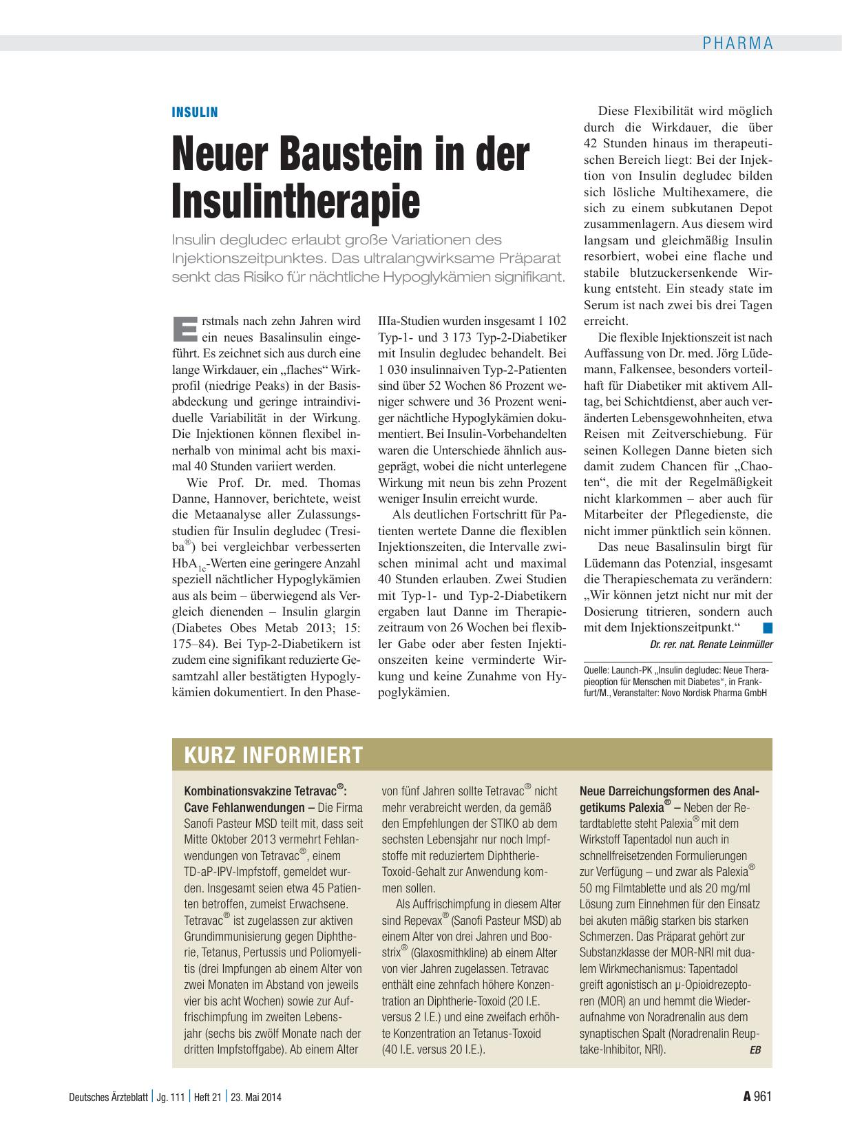 Vorschauseite 1: Insulin: Neuer Baustein in der Insulintherapie