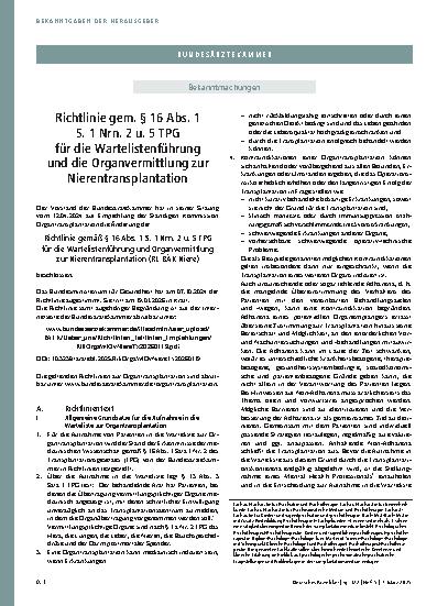 Vorschauseite 2: Richtlinie gemäß § 16 Abs. 1 S. 1 Nrn. 2 u. 5 TPG für die Wartelistenführung und die Organvermittlung zur Nierentransplantation Richtlinie gemäß § 16 Abs. 1 S. 1 Nrn. 2 u. 5 TPG f…