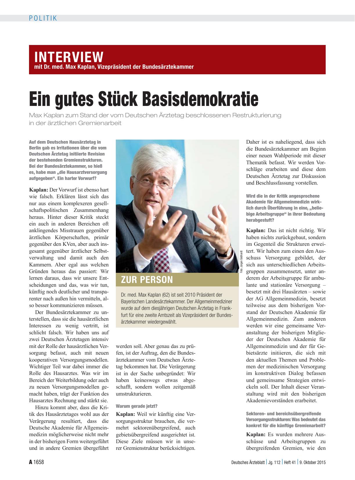 Vorschauseite 1: Interview mit Dr. med. Max Kaplan, Vizepräsident der Bundesärztekammer: Ein gutes Stück Basisdemokratie