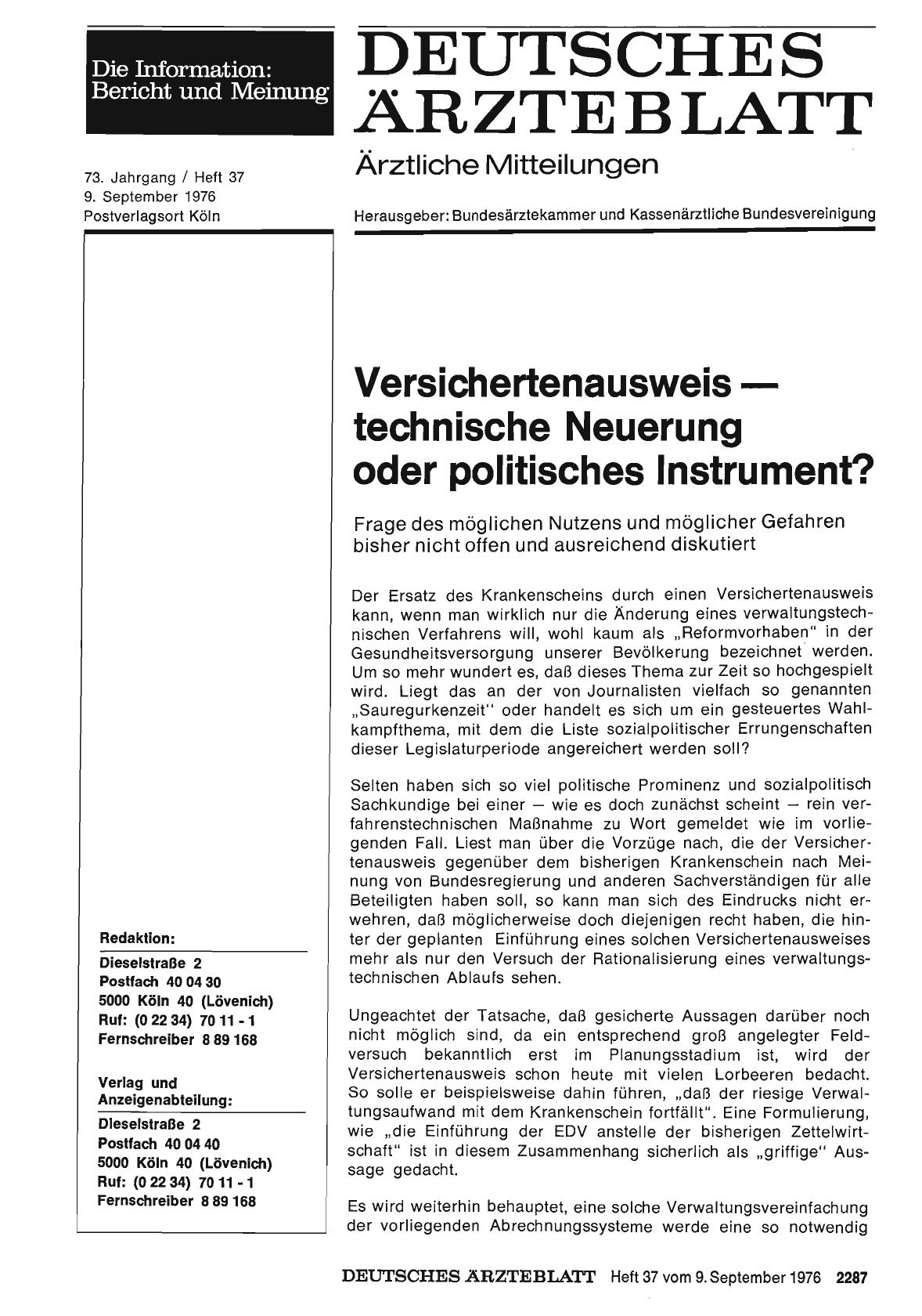 Vorschauseite 1: Versichertenausweis technische Neuerung oder politisches Instrument? : Frage des möglichen Nutzens und möglicher Gefahren bisher nicht offen und ausreichend diskutiert