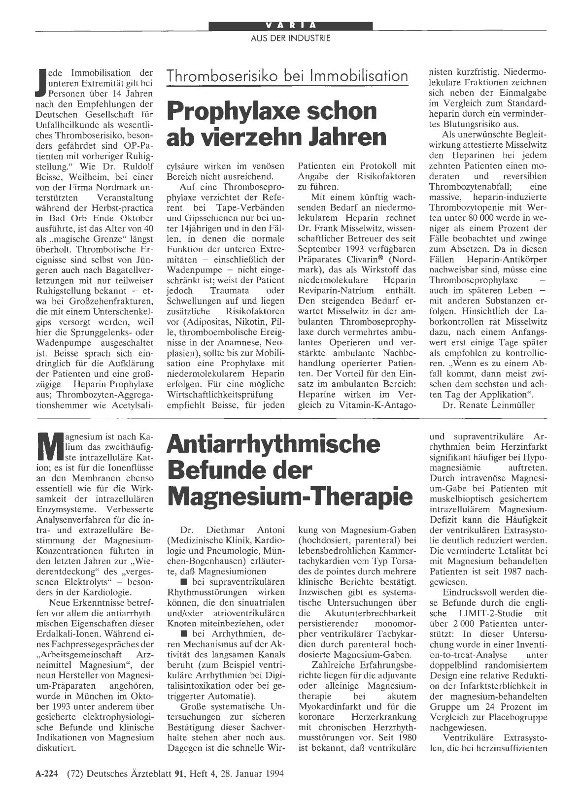 Vorschauseite 1: Thromboserisiko bei Immobilisation: Prophylaxe schon ab vierzehn Jahren
