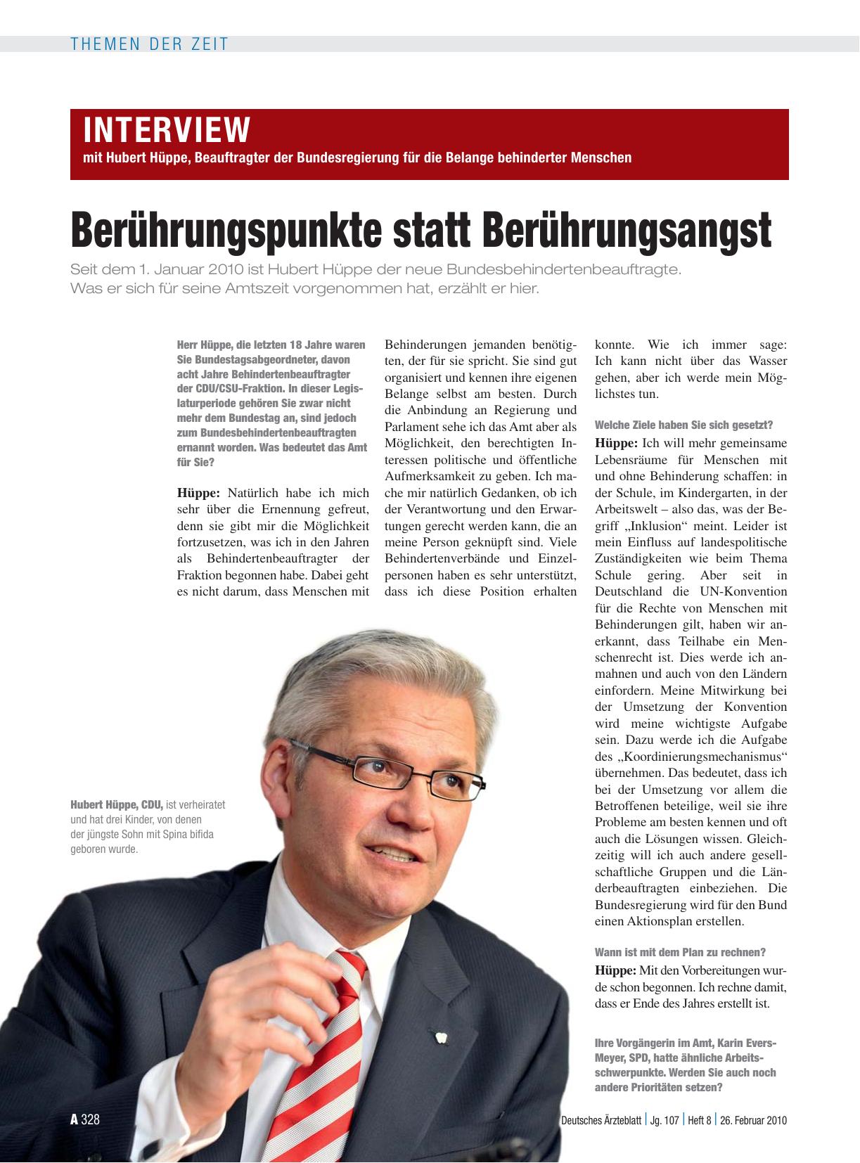 Vorschauseite 1: Interview mit Hubert Hüppe, Beauftragter der Bundesregierung für die Belange behinderter Menschen: Berührungspunkte statt Berührungsangst