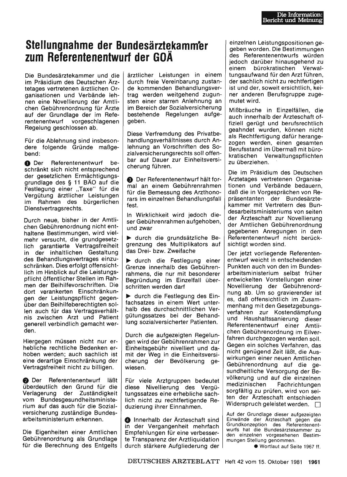 Vorschauseite 1: Stellungnahme der Bundesärztekammer zum Referentenentwurf der GOÄ (Teil 1)