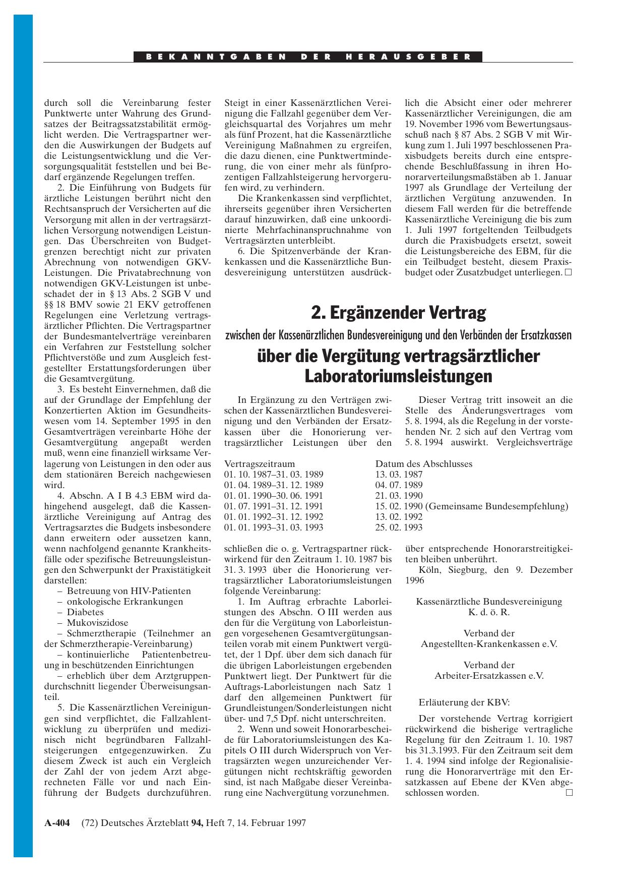 Vorschauseite 1: 2. Ergänzender Vertrag: zwischen der Kassenärztlichen Bundesvereinigung und den Verbänden der Ersatzkassen über die Vergütung vertragsärztlicher Laboratoriumsleistungen