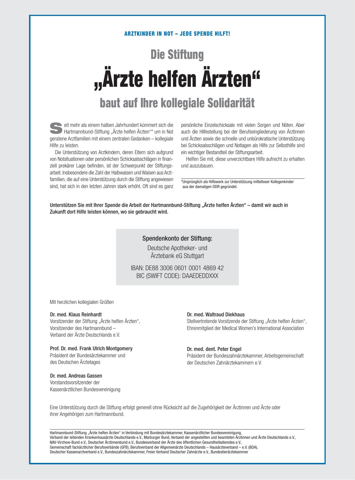 Vorschauseite 1: Arztkinder in Not – Jede Spende hilft! : Die Stiftung „Ärzte helfen Ärzten“ baut auf Ihre kollegiale Solidarität
