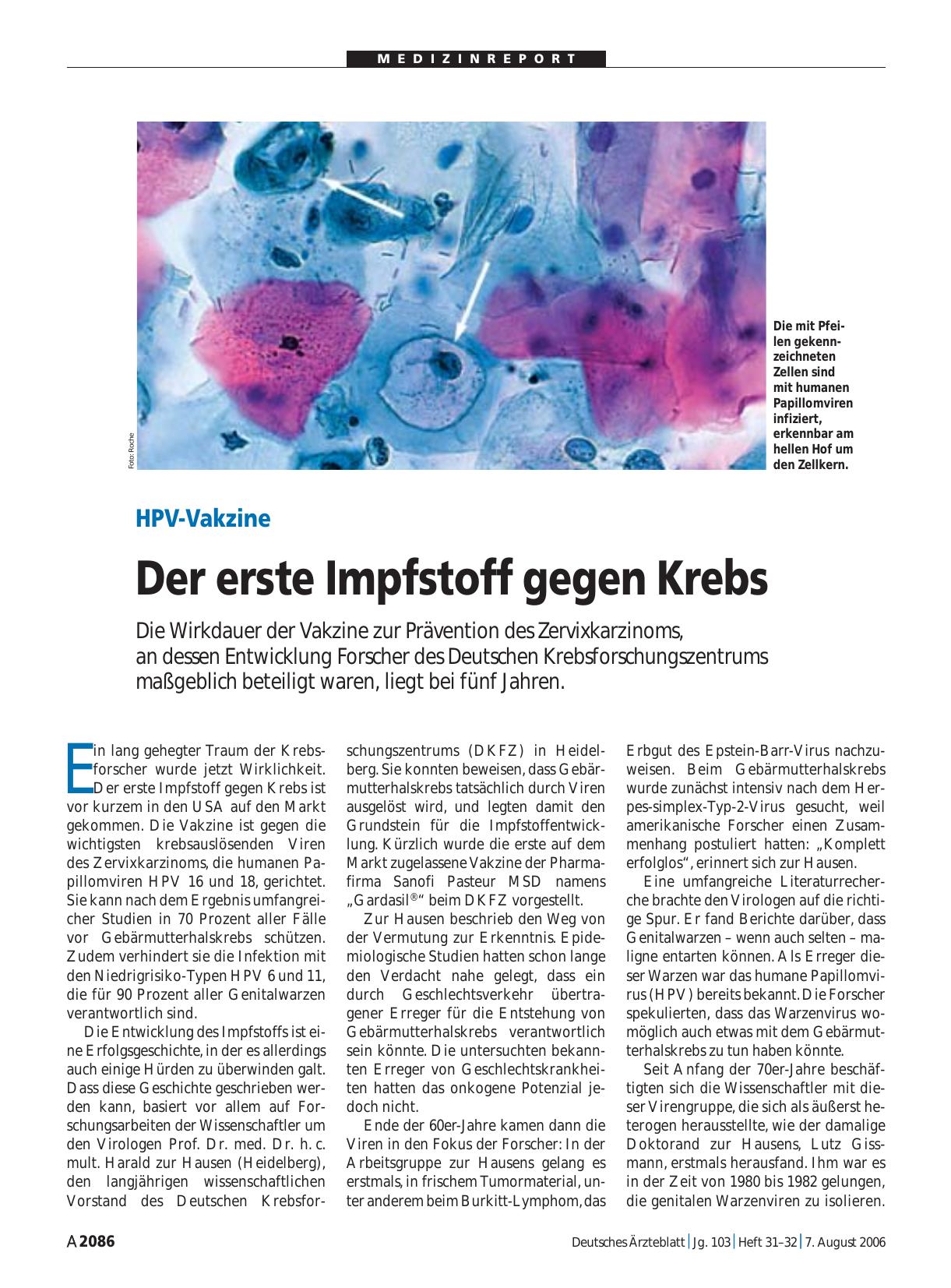 Vorschauseite 1: HPV-Vakzine: Der erste Impfstoff gegen Krebs