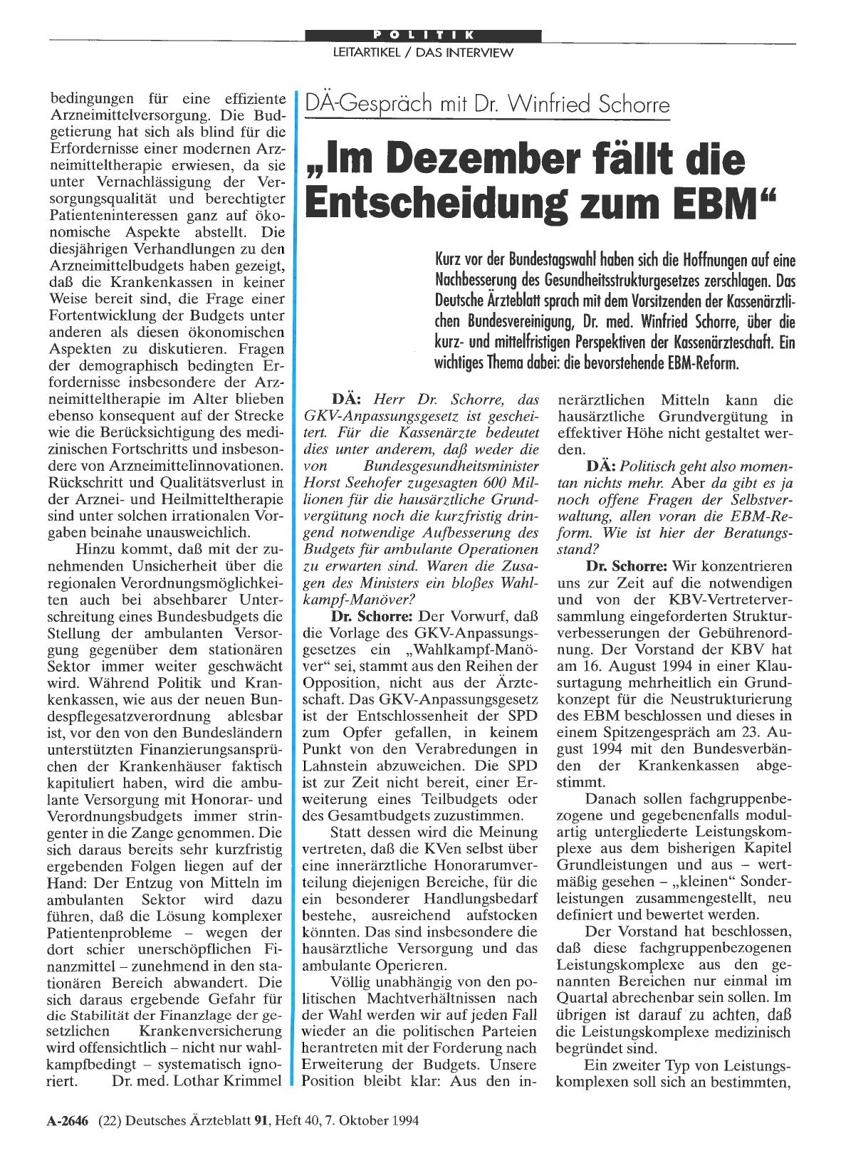 Vorschauseite 1: DÄ-Gespräch mit Dr. Winfried Schorre: „Im Dezember fällt die Entscheidung zum EBM“