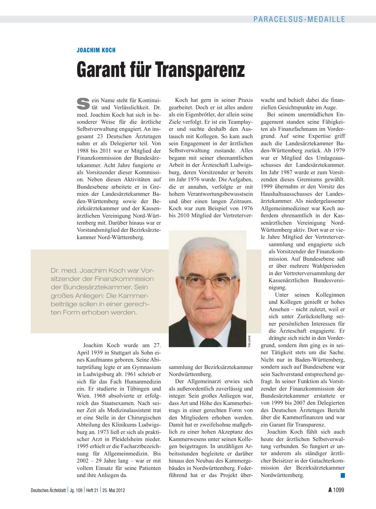 Vorschauseite 1: Joachim Koch: Garant für Transparenz